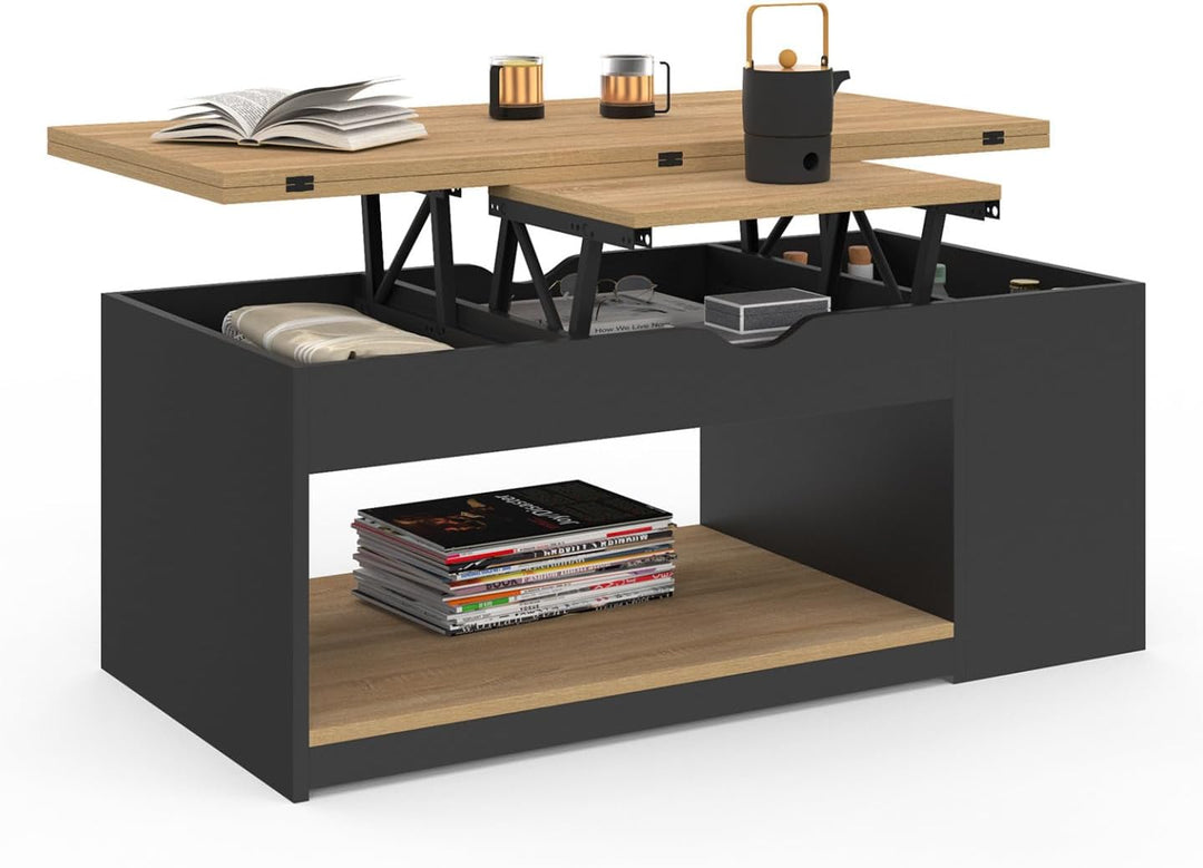 IDMarket - Rechteckiger, aufklappbarer Couchtisch, umwandelbar in einen Esstisch ELEA schwarzes Holz