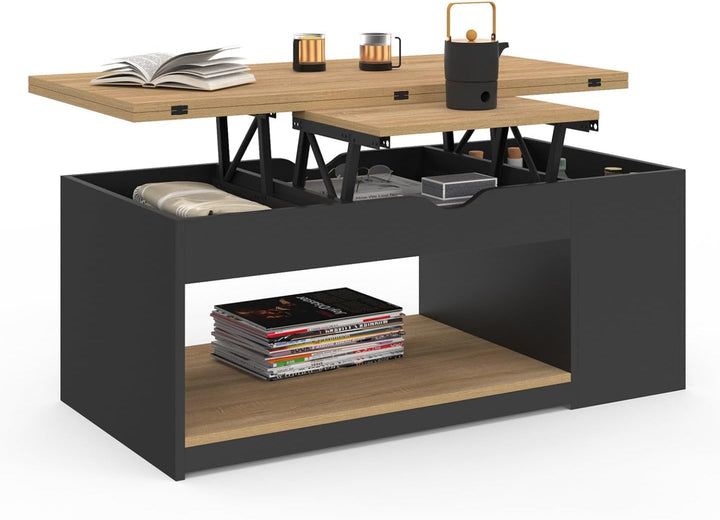 IDMarket - Rechteckiger, aufklappbarer Couchtisch, umwandelbar in einen Esstisch ELEA schwarzes Holz