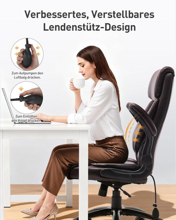 COLAMY Ergonomischer Chefsessel mit Lordosenstütze, gepolsterten Hochklapparmen und Kippverstellung