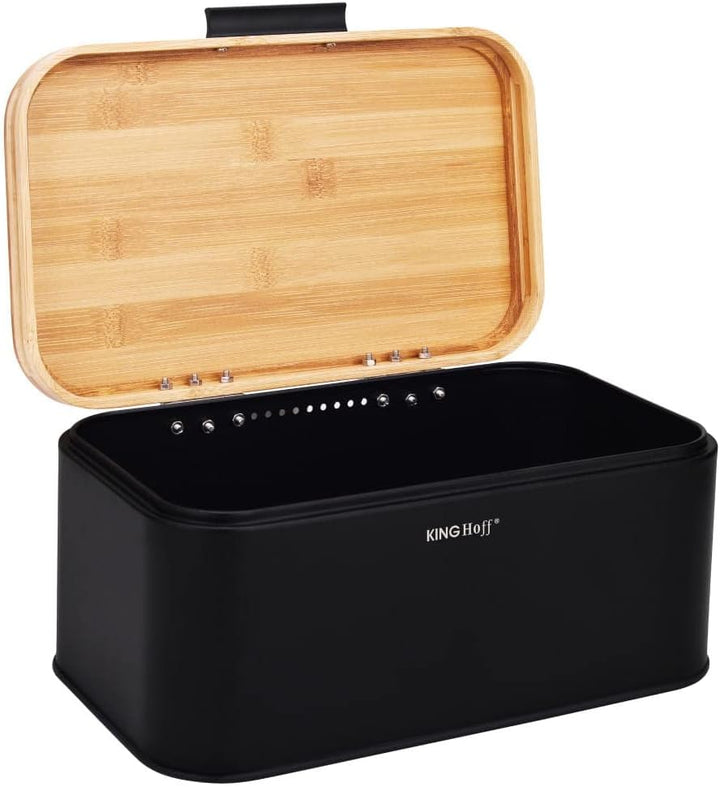 KING HOFF Stahl Brotbox Brotkasten mit Bambusdeckel Schwarz, Schwarz