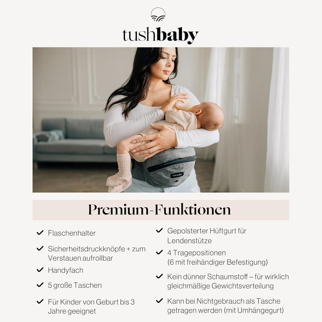 Tushbaby Ergonomische Multi-Position Babytrage Hüftsitz mit Sicherheitszertifikat, Einstellbar, Masc