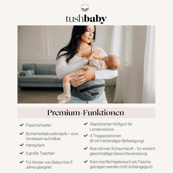Tushbaby Ergonomische Multi-Position Babytrage Hüftsitz mit Sicherheitszertifikat, Einstellbar, Masc