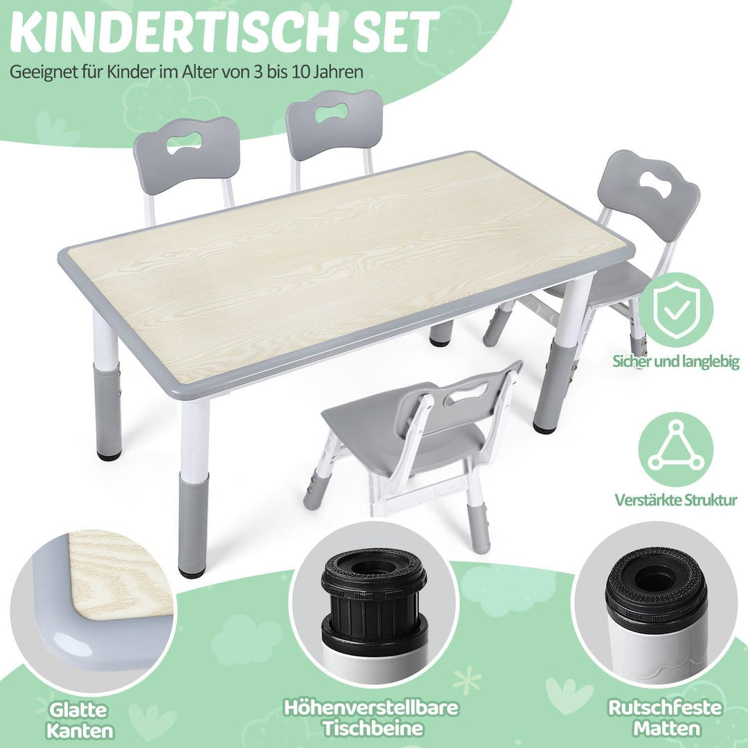 Verstellbares Kinder Schreibtisch Set mit 1 Tisch und 4 Stühlen - Höhenverstellbar, Multifunktional,
