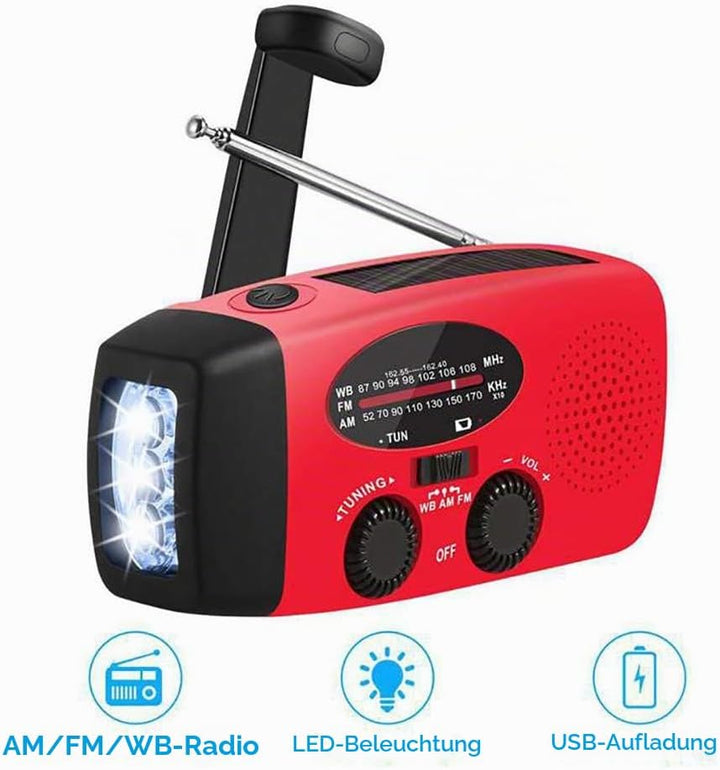 1 Stück Solar Kurbelradio mit 3-LED Taschenlampe | 2000mAh NI-MH Notfall Powerbank | IPX3 Wasserdich