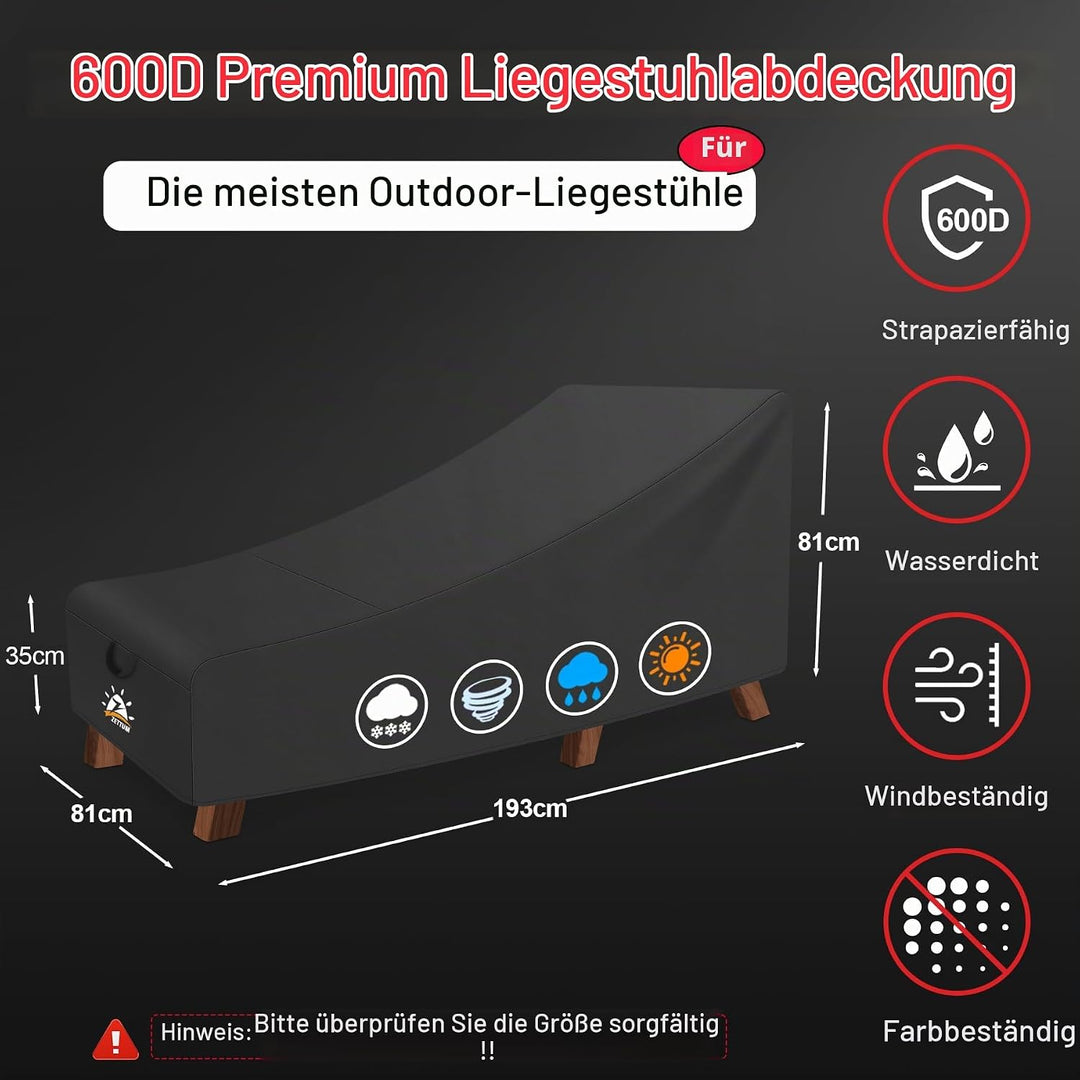 Zettum 190 cm Abdeckung für Sonnenliege, 600D Oxford PU Beschichtung Gartenliege Abdeckung, Wasserdi