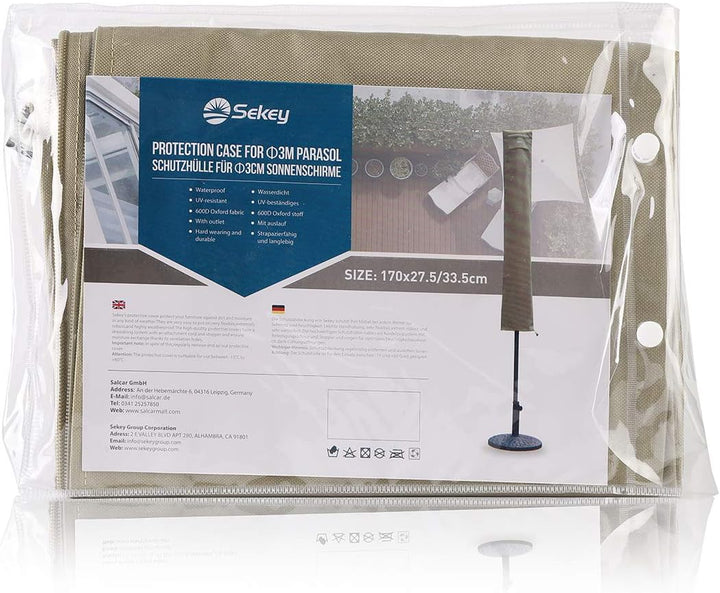 Sekey Schutzhülle für Ø 300 cm Sonnenschirm, Abdeckhauben für Sonnenschirm 170cm×27.5/33.5cm Taupe,