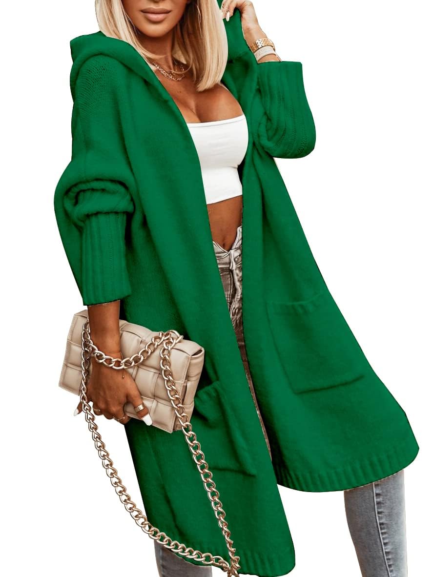 Tongmingyun Strickjacke Damen Lang Cardigan mit Kapuze Winter Grobstrickjacke Casual Lose Strickmant