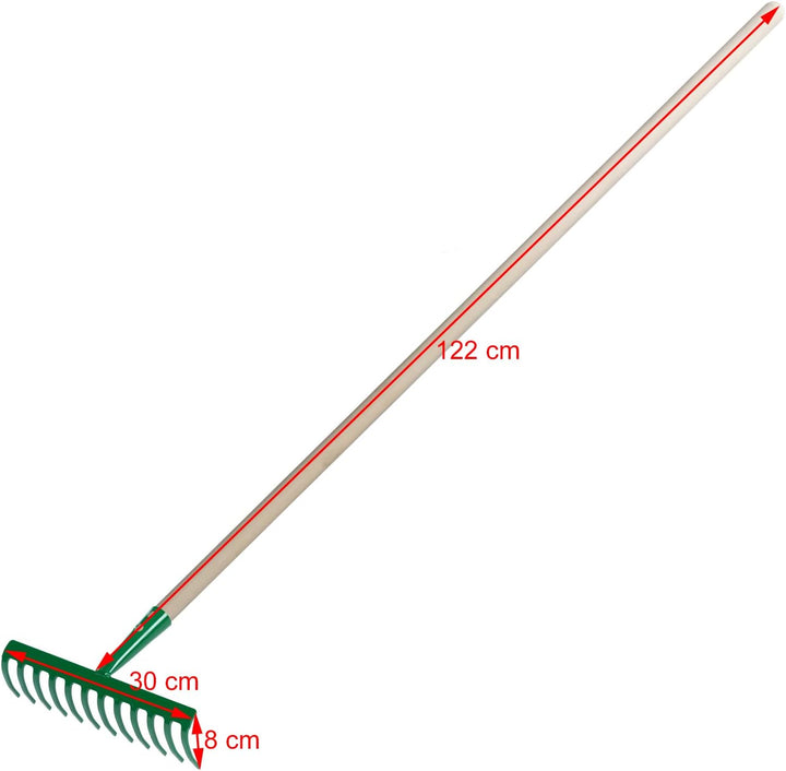 Garten Gerät Harke Rasen Boden Erde Rechen 12 Zinken Stahl grün Gartenrechen 30,0 cm mit Holz Stiel
