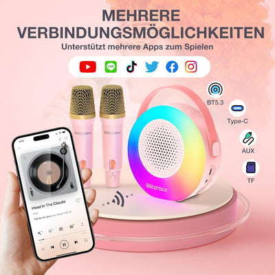 BlitzMax Karaoke Maschine für Kinder Erwachsene Bluetooth Mini Karaoke Lautsprecher mit 2 Mikrofonen