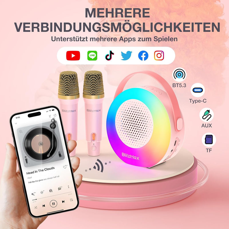 BlitzMax Karaoke Maschine für Kinder Erwachsene Bluetooth Mini Karaoke Lautsprecher mit 2 Mikrofonen