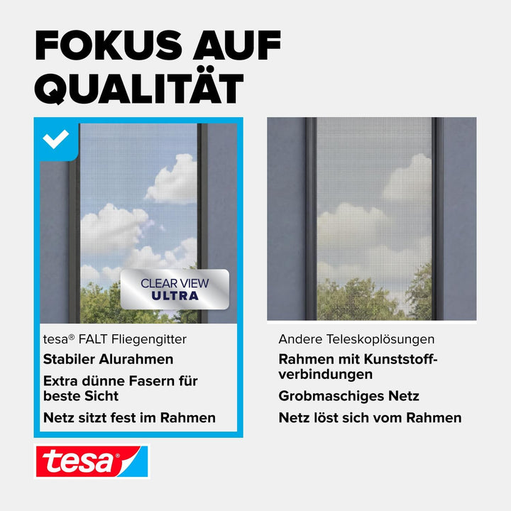 tesa Insect Stop FALT Fenster - Faltbarer Alu-Rahmen - Fliegengitter mit verstellbarem Teleskoprahme