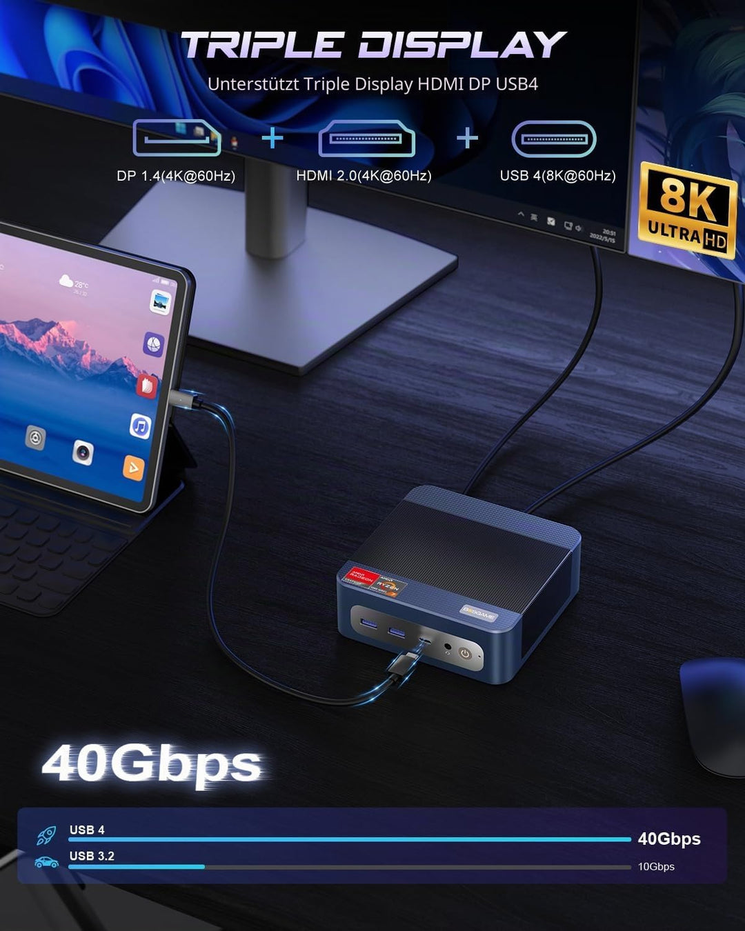 BOSGAME P3 Mix Mini PC, AMD Ryzen 5 7640HS (bis zu 5,0 GHz), 16 GB DDR5 512 GB SSD, USB4 40 Gbps &amp; 4