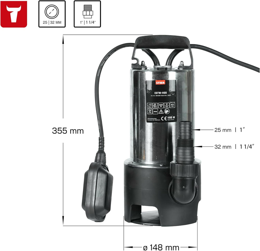 STIER Edelstahl Tauchpumpe Schmutzwasserpumpe ESTW-1100, 20.000 l/h, 11000 W, Edelstahlgehäuse, Schw