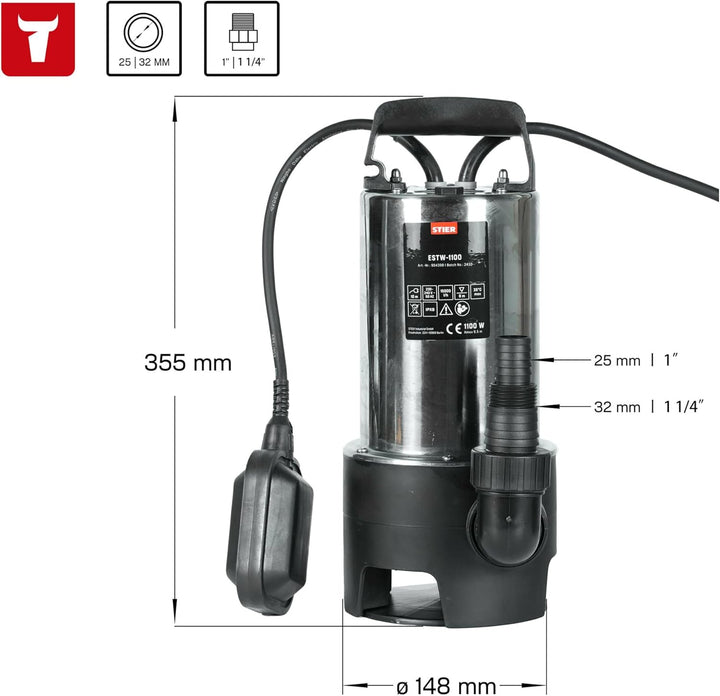 STIER Edelstahl Tauchpumpe Schmutzwasserpumpe ESTW-1100, 20.000 l/h, 11000 W, Edelstahlgehäuse, Schw