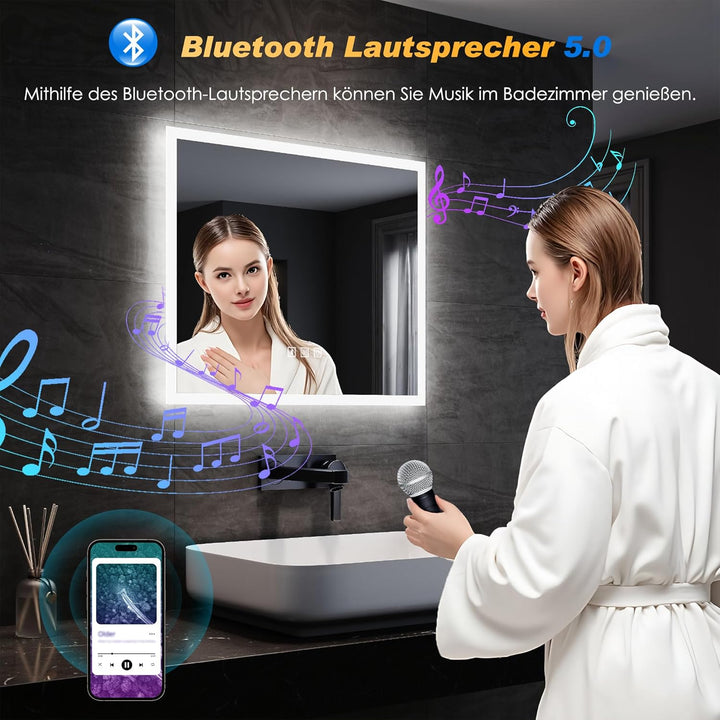 SONNI Badspiegel mit Beleuchtung 60X50 cm, Wandspiegel mit Bluetooth Lautsprecher, Anti-Beschlag LED