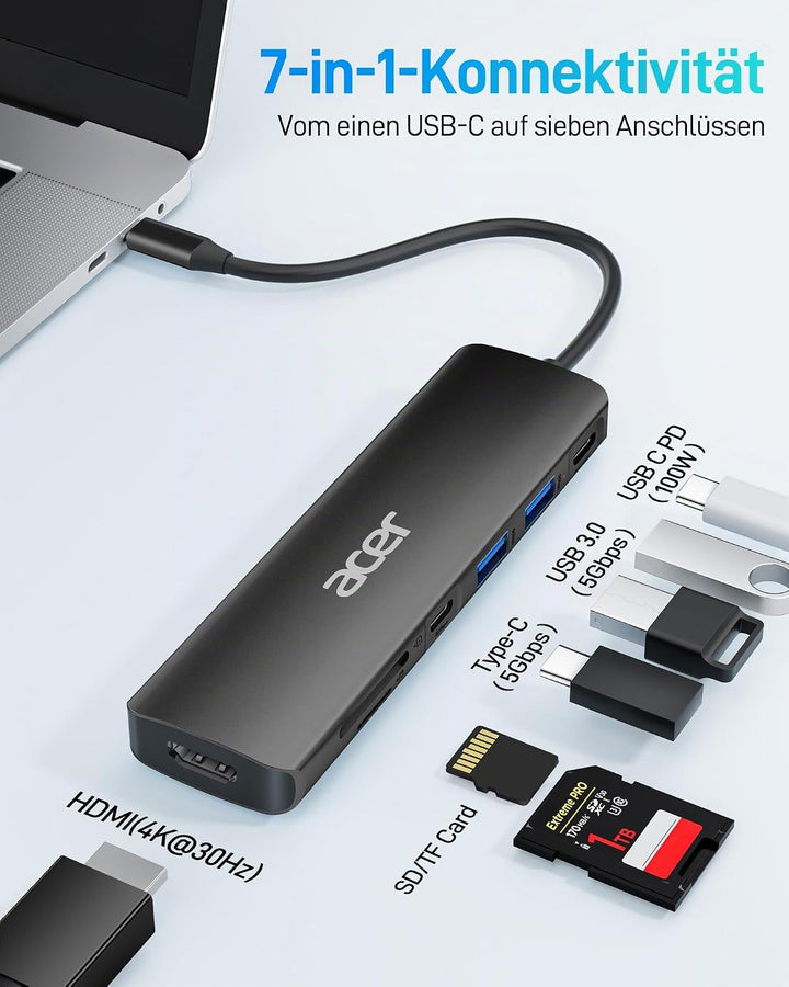 Acer USB C Hub, 7-in-1 USB-C zu HDMI Splitter, 2 USB 3.1 GEN1 und 5 Gbps Typ-C Datenanschluss, 4K HD