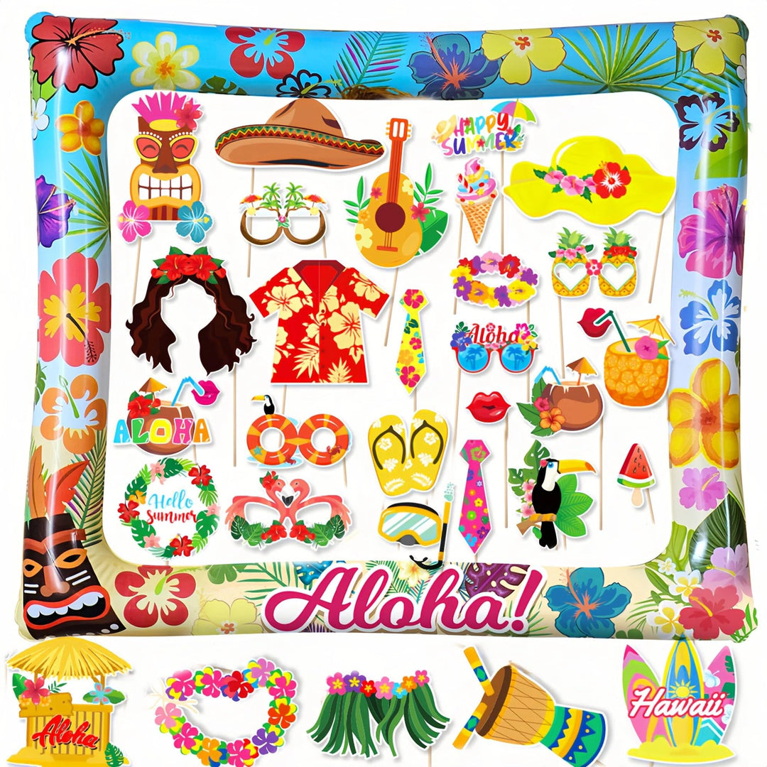 Hawaii Fotobox Accessoires 30 Stück mit Aufblasbarem Fotorahmen 75 x 65cm, Sommer Foto Requisiten, P