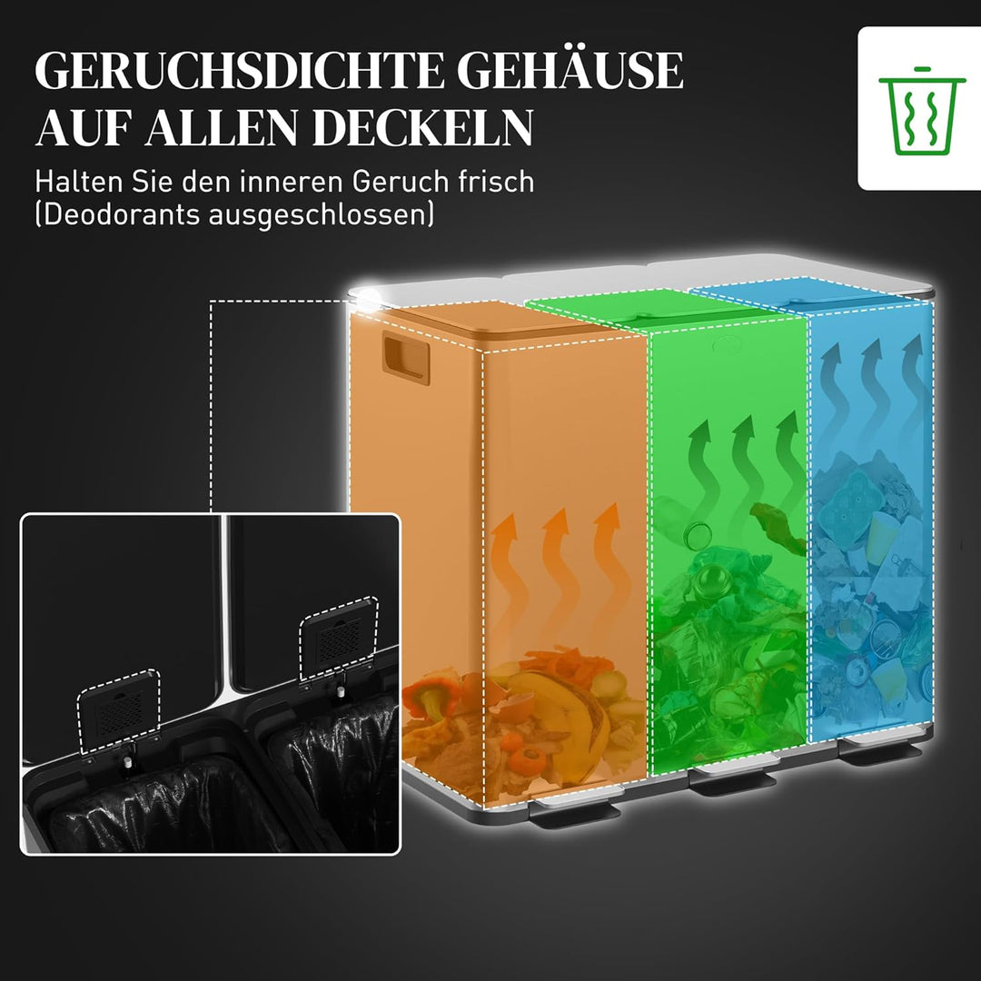 HOMCOM Mülleimer Küche 3 x 15 L Treteimer mit Softclose-Deckel und Pedal Mülltrennsystem 3 Fächer in