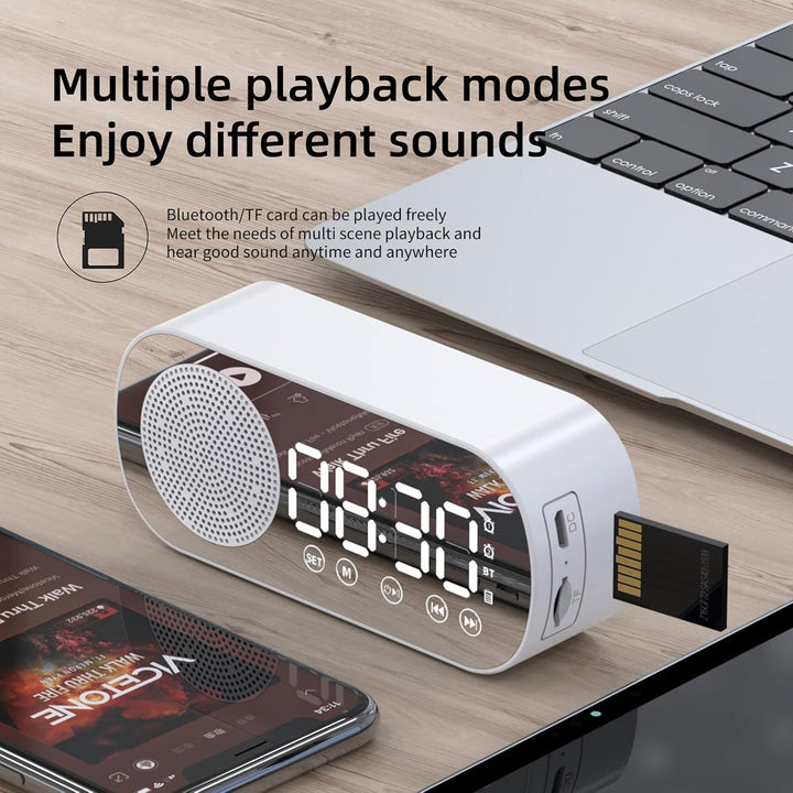Elektrischer Wecker, Grosses Display, Drahtloser Bluetooth 5.0-Lautsprecher, Wecker mit Spiegeloberf