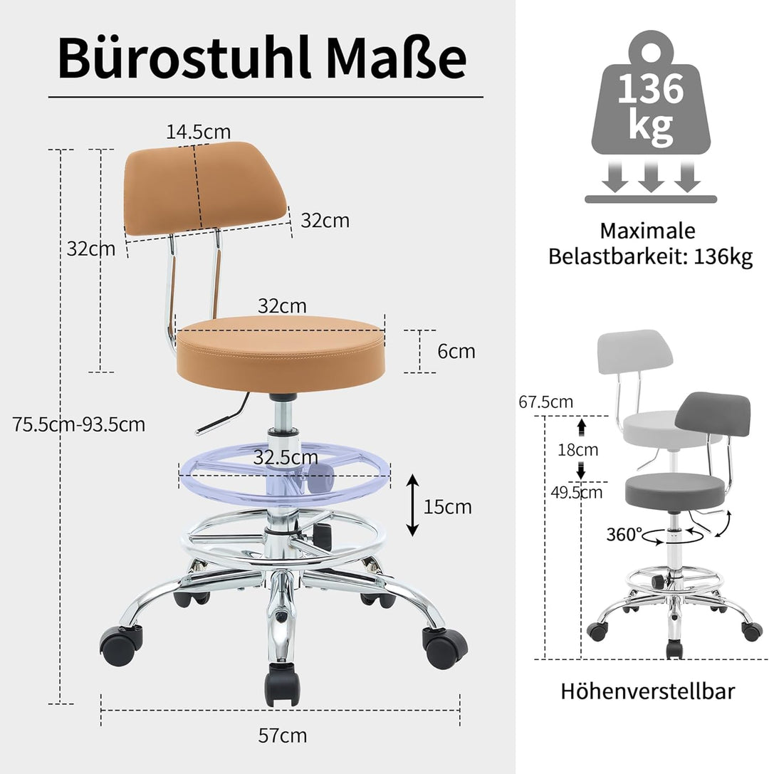 FIRAVOE Rollhocker höhenverstellbar 49,5–67,6 cm mit Rückenlehne und Fussstütze, ergonomischer Drehh