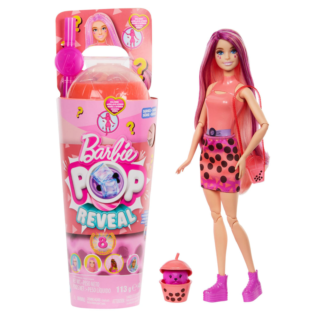 Barbie Pop Reveal Bubble Tea Serie Puppe und Zubehör, duftende Mango-Mochi-Modepuppe mit Haustier, 8