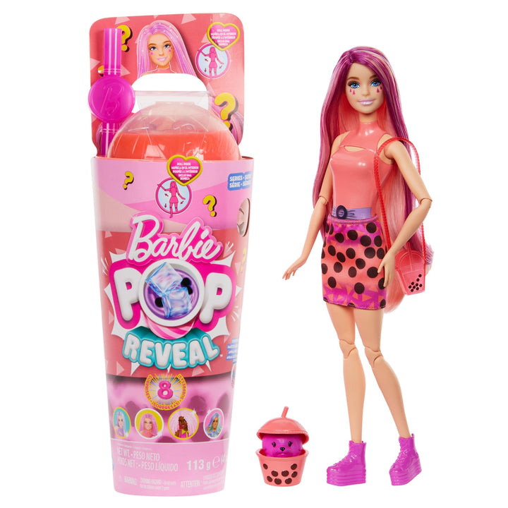 Barbie Pop Reveal Bubble Tea Serie Puppe und Zubehör, duftende Mango-Mochi-Modepuppe mit Haustier, 8