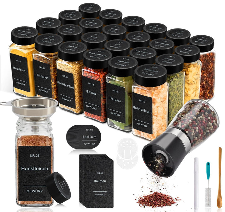 Mocraft 24 Gewürzdosen Eckig Schwarz 120ml, mit 200 Gewürzetiketten Gewürz Organizer 10,5 x 4,5 cm G