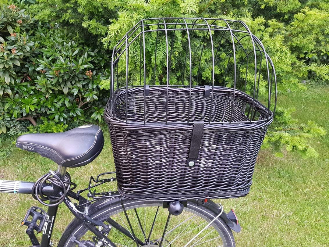 Tigana - Hundefahrradkorb für Gepäckträger aus Weide mit Gitter 50 x 38 cm Eckig Schwarz (S-S) (mit