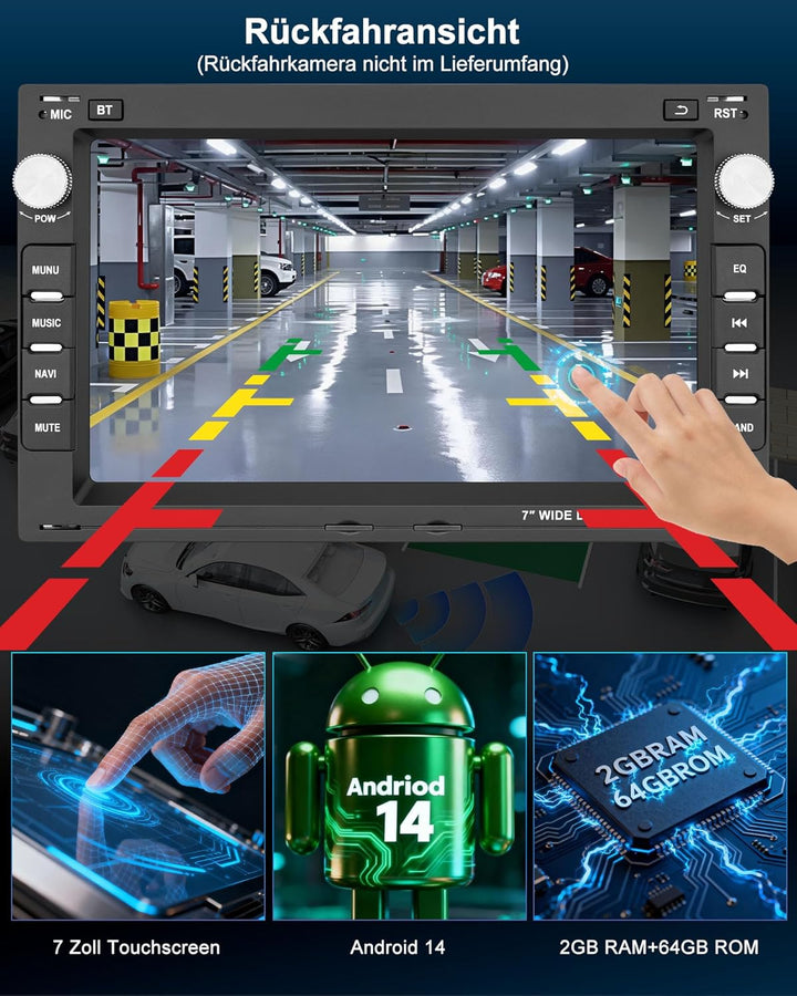 Autoradio mit Bildschirm 2+64G Bluetooth Radio für VW Golf 4 Polo 9N T5 Passat B5 Seat Skoda, 2DIN 7