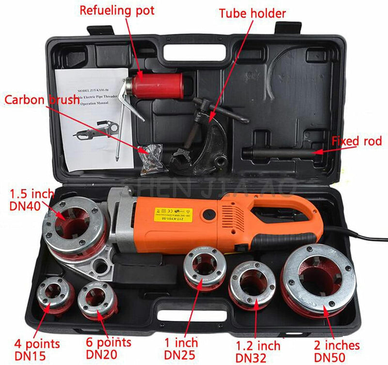 Tragbare Gewindeschneidmaschine, 2300W Rohreinfädler für Rohre mit 6 Matrizen 1/2", 3/4", 1", 1-1/4"