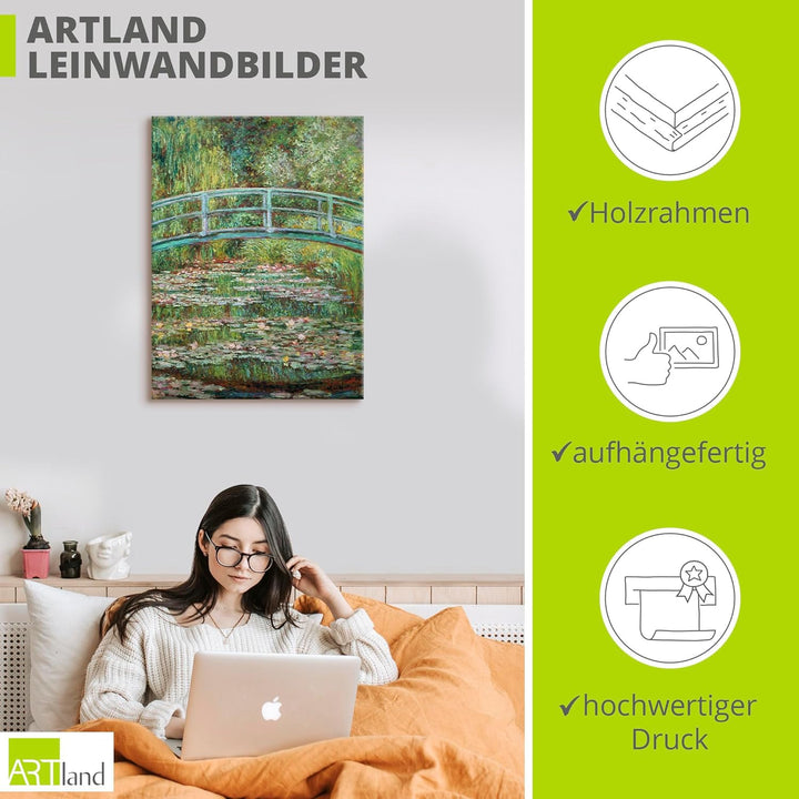 ARTland Leinwandbild Wandbild Bild auf Leinwand 60x80 cm Wanddeko Teich Pflanzen Seerosen Japanische