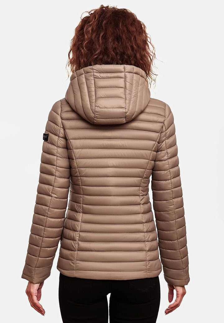 MARIKOO Damen leichte Übergangsjacke Steppjacke mit Kapuze Asraa XS-3XL M Taupe, M Taupe
