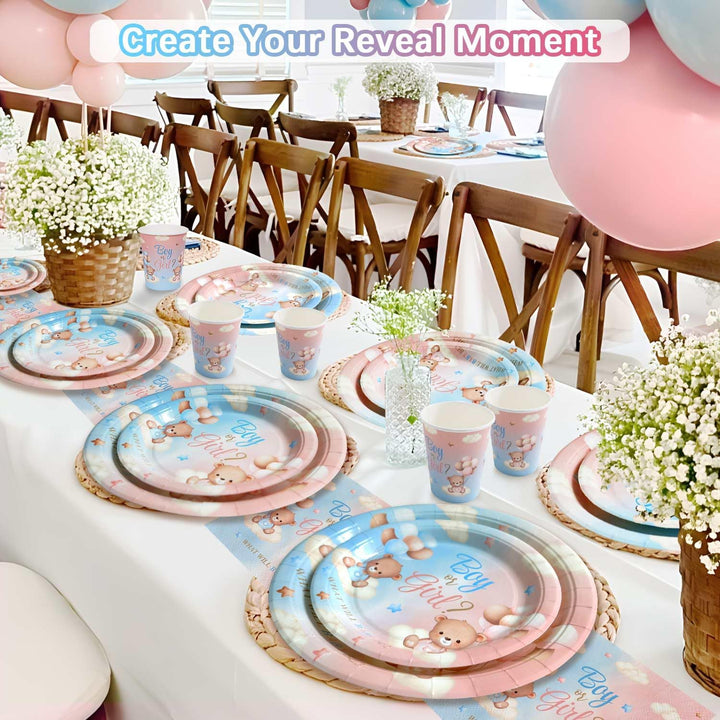 Gender Reveal Party Deko Partygechirr Set für 24 Gäste, 96pcs Babyshower Wiederverwendbare Papptelle