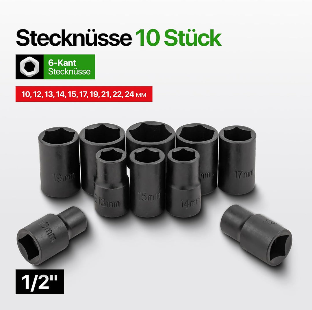 ROCKFORCE 12-tlg. 1/2 Zoll Steckschlüssel-Set mit Ratsche, 6-Kant Stecknüssen 10-24 mm, Verlängerung