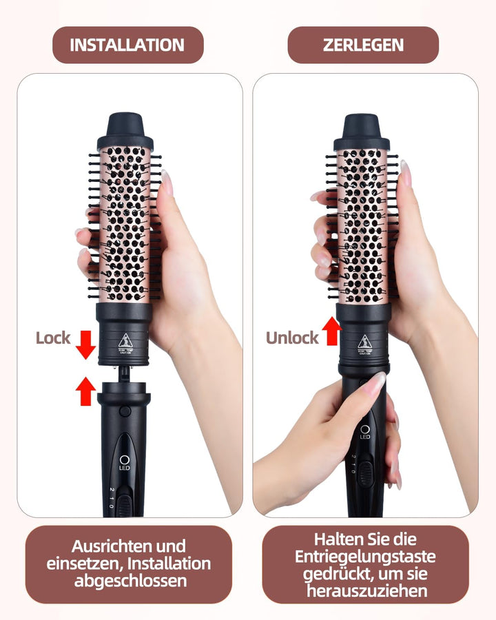 Thermal Brush Warmluftbürste Haarstyling Lockenbürste, 38/32mm 2 en 1 Thermobürste Rundbürste set, 2
