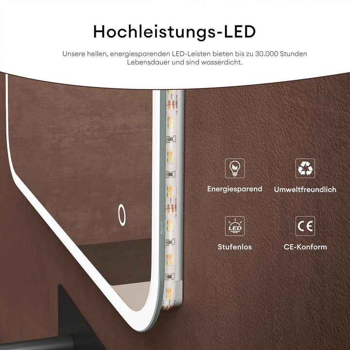 dopporo LED Badspiegel 90x70cm Badzimmerspiegel mit Beleuchtung Spiegel mit runden Ecken Wandspiegel