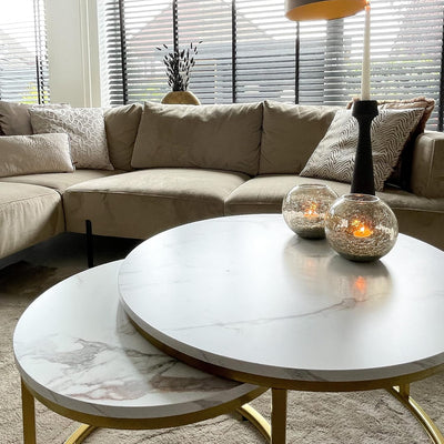 Home Heaven® Couchtisch Rund Weiss Marmor mit Gold – Runder Wohnzimmertisch 2er Set für Wohnzimmer -