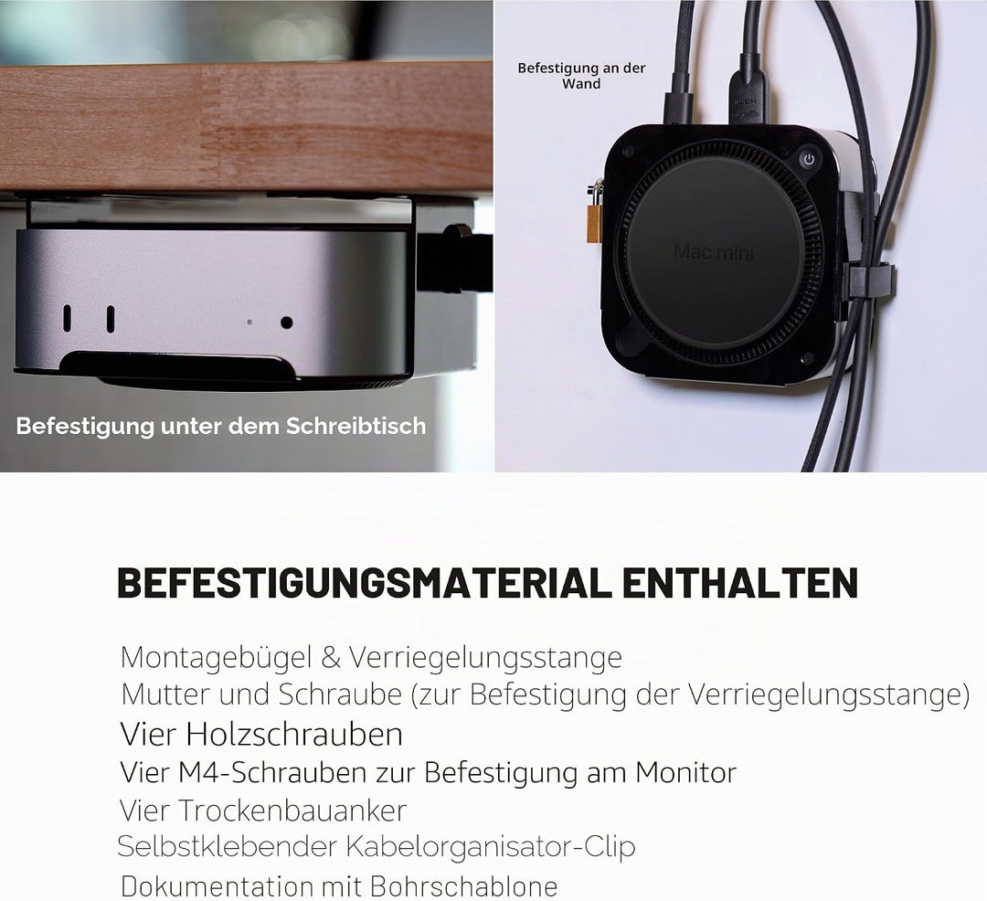 SoNNeT MacCuff mini (2024+): Stahlhalterung zur Montage eines Mac mini (2024) unter einem Tisch, an