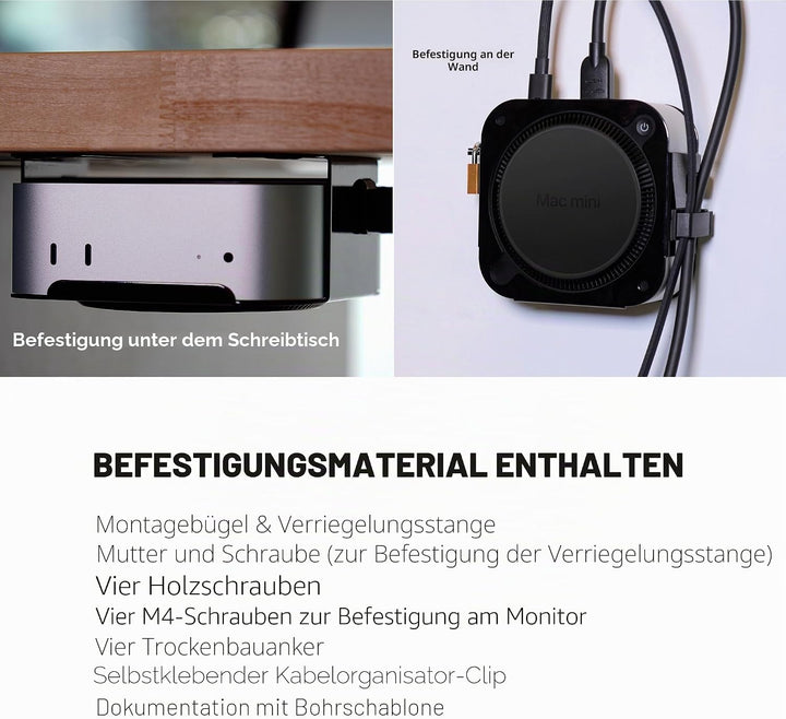 SoNNeT MacCuff mini (2024+): Stahlhalterung zur Montage eines Mac mini (2024) unter einem Tisch, an