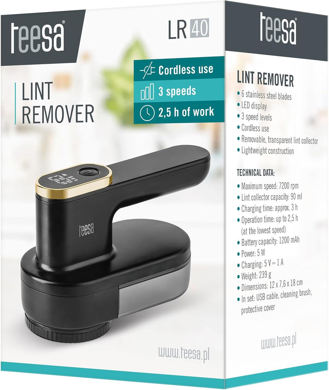 Teesa Drahtloser Kleiderrasierer LR40 LED 3 Geschwindigkeitsstufen 6 Klingen Transparent Behälter TS