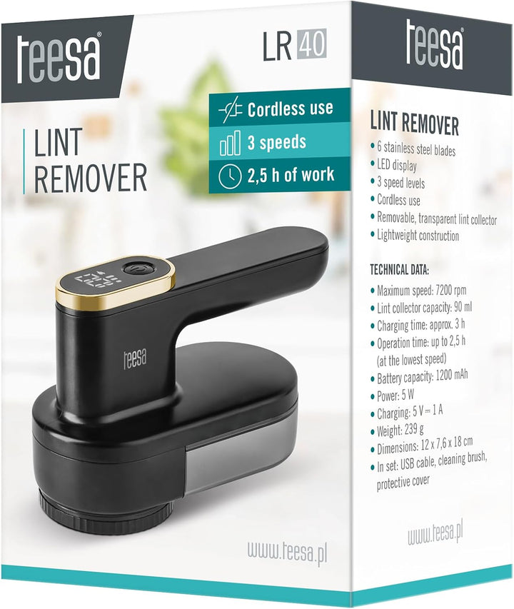 Teesa Drahtloser Kleiderrasierer LR40 LED 3 Geschwindigkeitsstufen 6 Klingen Transparent Behälter TS