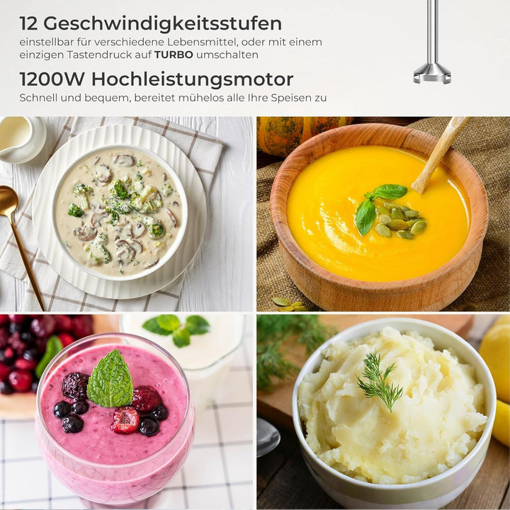 1200 Watt Stabmixer, Edelstahl Pürierstab für Suppen, Babybrei & Sossen | 12 Geschwindigkeitsstufen