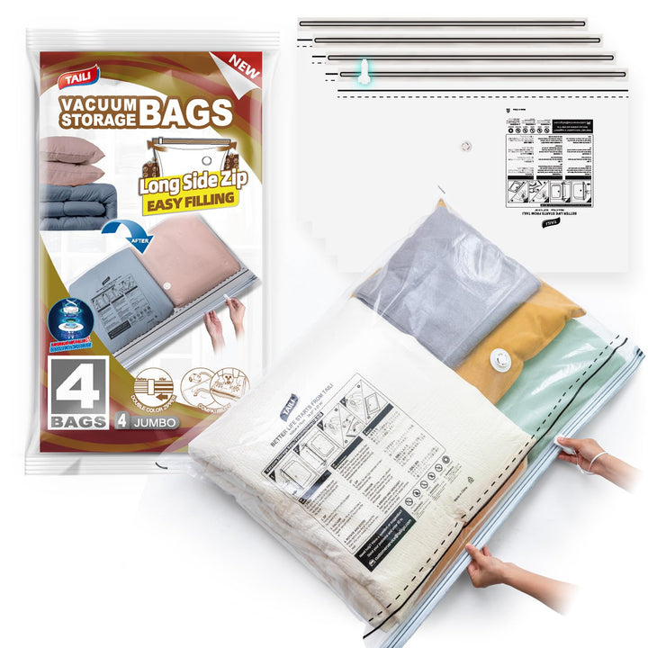 TAILI Vakuumbeutel für Kleidung mit Langer Reissverschluss 4 Stück Extra Grosse 100 X 70 CM Vakuumie