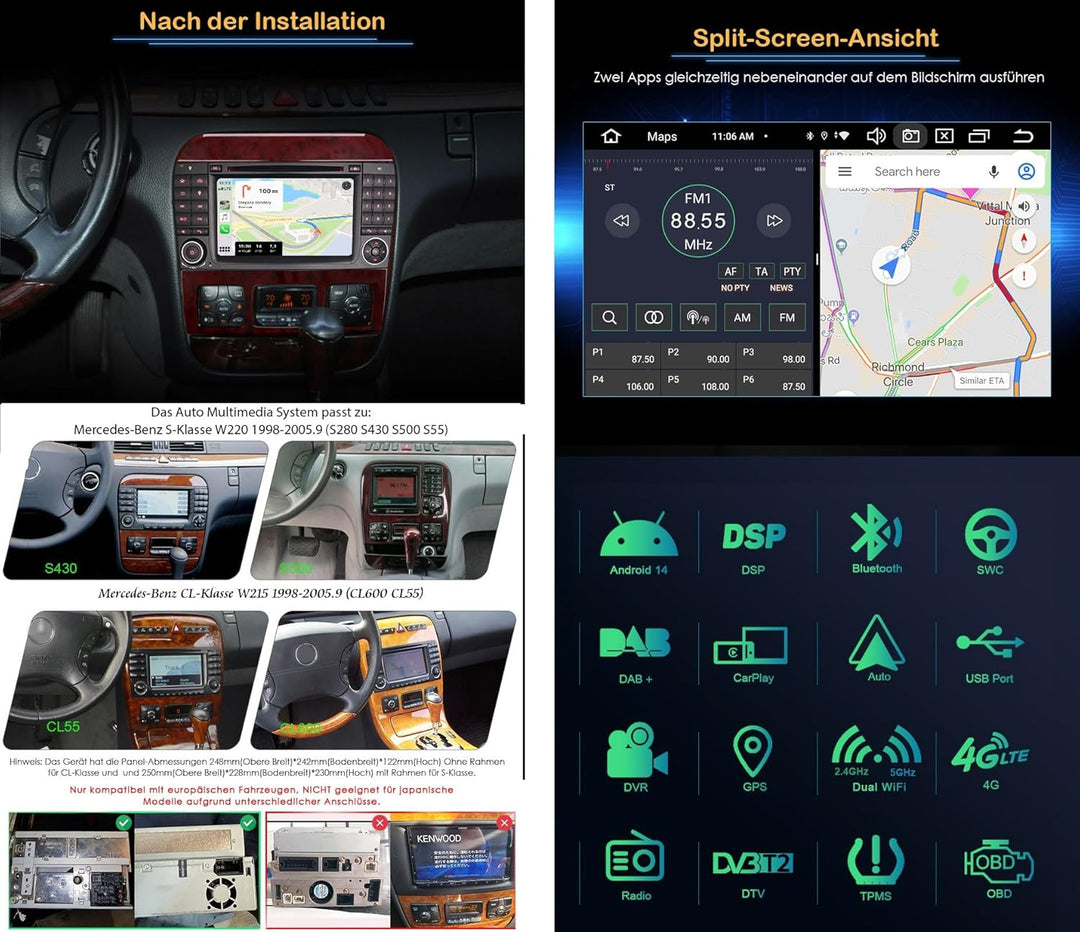 8 Kern 4GB+64GB Android 14 DAB+ Autoradio Für Mercedes-Benz S-Klasse W220 CL-Klasse W215 mit GPS Nav