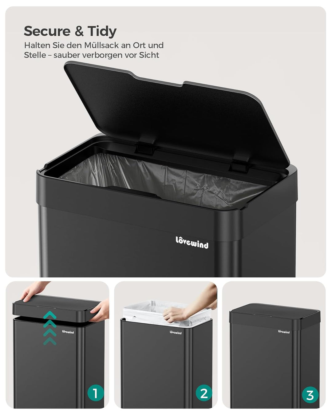 lovewind 55L Berührungsloser Küchenmülleimer, Edelstahl Sensor Mülleimer, Type-C Aufladbar, Leiser S