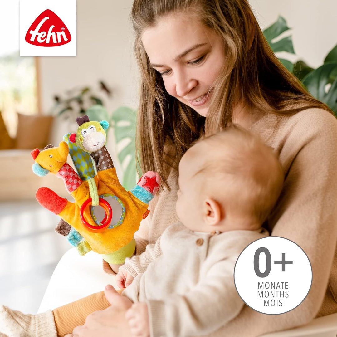 Fehn Spielhandschuh Safari – Fingerpuppen Baby Spielzeug Affe und Elefant zum Greifen und Geräusche