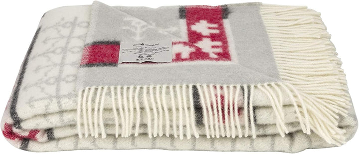 ÖJBRO VANTFABRIK "Ekshärad Kalk gewebte Wolldecke mit Fransen 130x220 cm Natur/grau/rot 100% Merinow