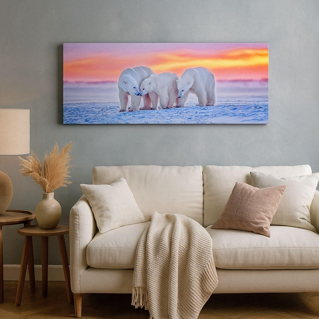 Wandbilder Dekoration Wohnzimmer Bären Winter Schnee Familie Panorama Bilder auf Leinwand 120x50cm L