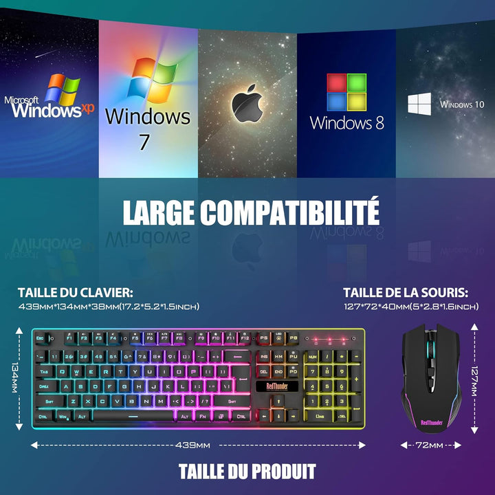 RedThunder K10 Tastatur und Maus kabellos, AZERTY FRANZAIS, Schwarz