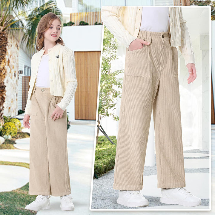 Rolanko Mädchen Cordhose, Pull On Elastische Taille Gerades Bein Abgeschnitten Lange Hosen für Kinde